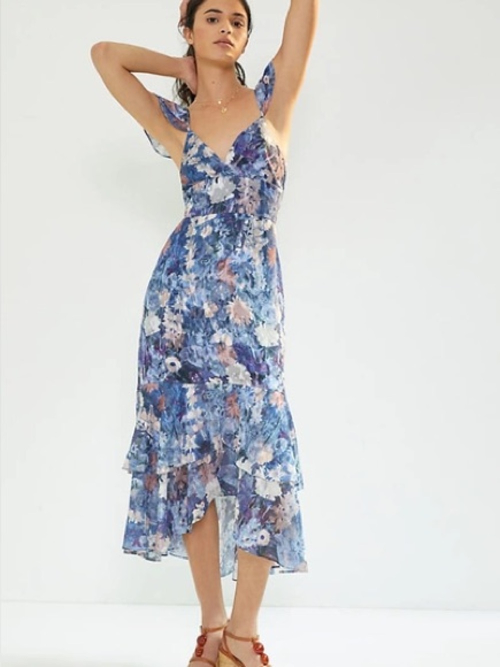 Hutch Blue Floral Maxi High Low Dress with Pink Accents h